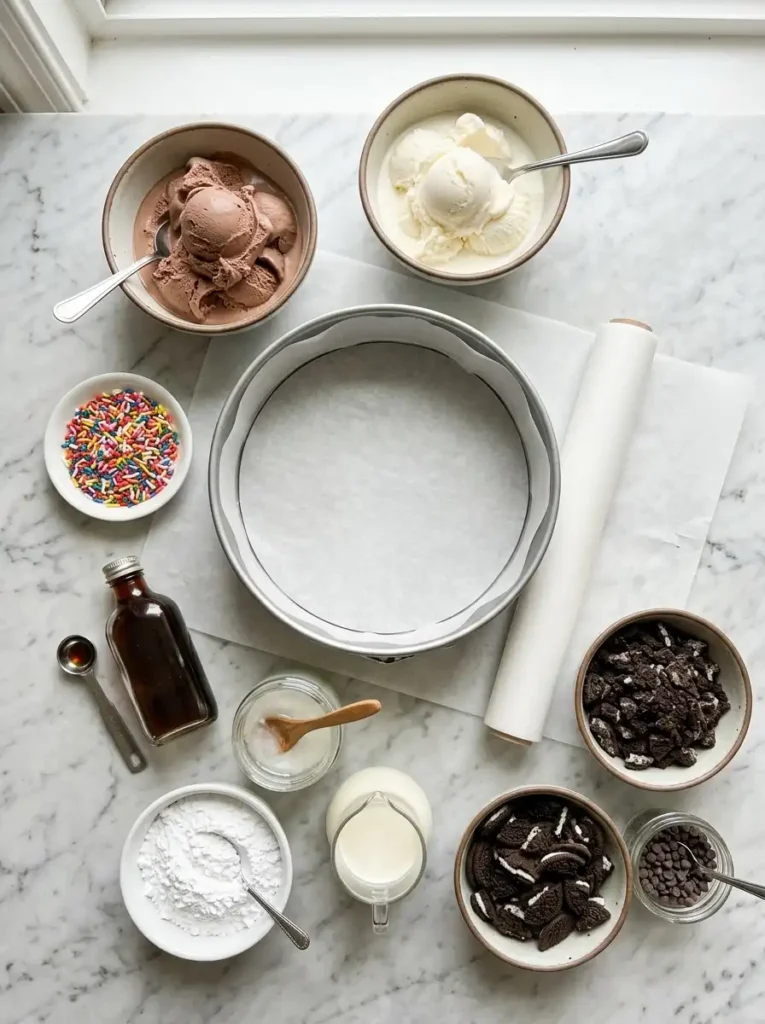 Ingredients for homemade Carvel ice cream cake with cookies chocolate chips and vanilla ice cream