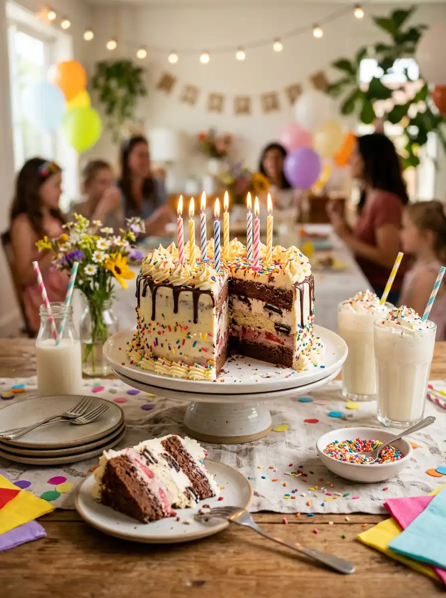 Homemade ice cream cake served on a birthday dessert table