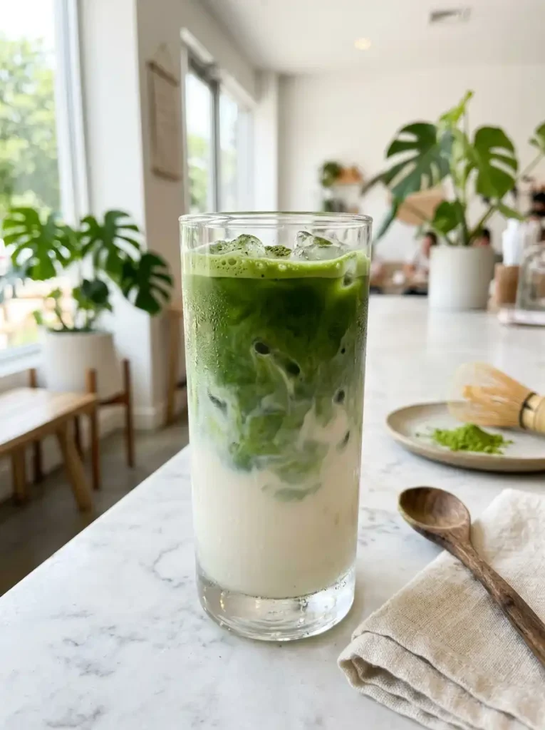Iced matcha latte with milk ice and green matcha layer