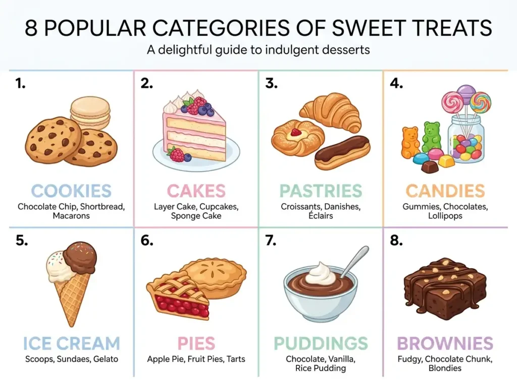 Eight categories of sweet treats: cookies, cakes, pastries, candies, ice cream, pies, puddings, and brownies