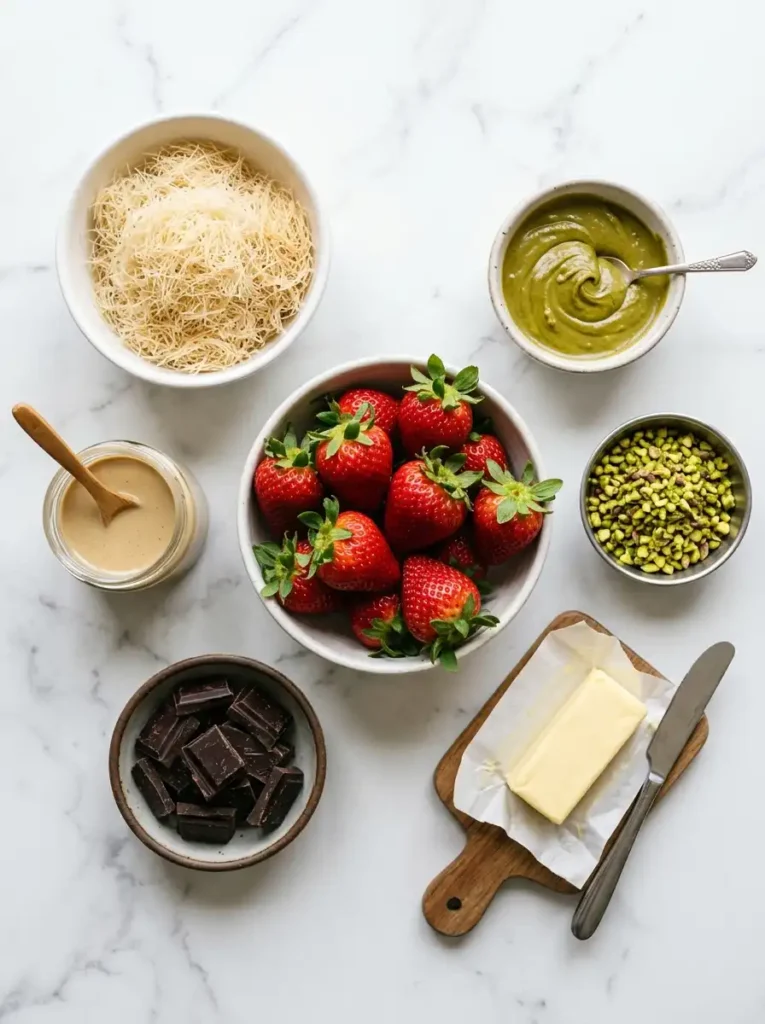 Ingredients for Dubai chocolate strawberries including strawberries, chocolate, kataifi, and pistachio cream