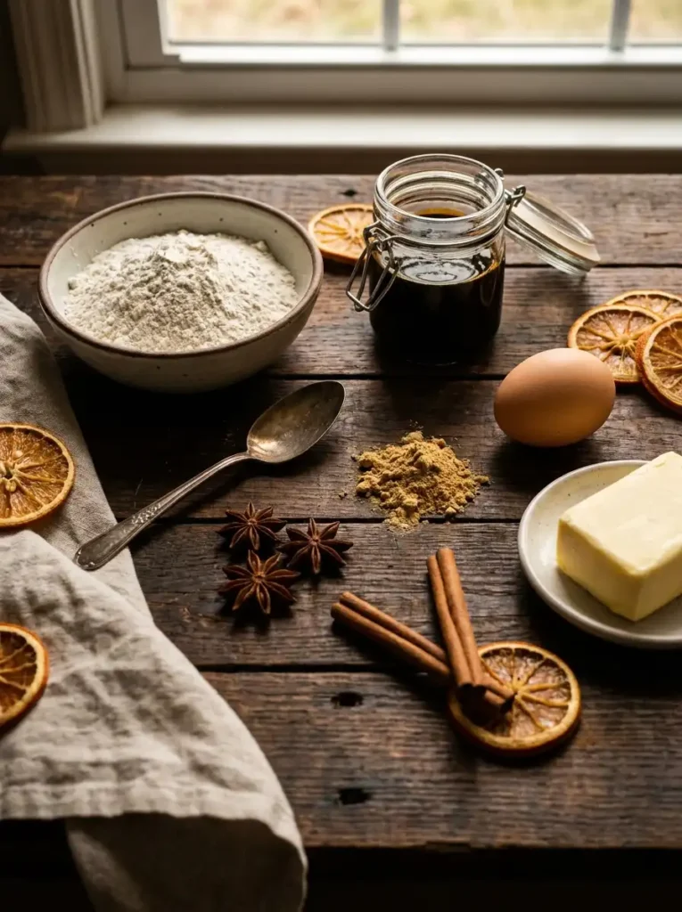 Baking ingredients and spices for old fashioned ginger snaps recipe on wooden background