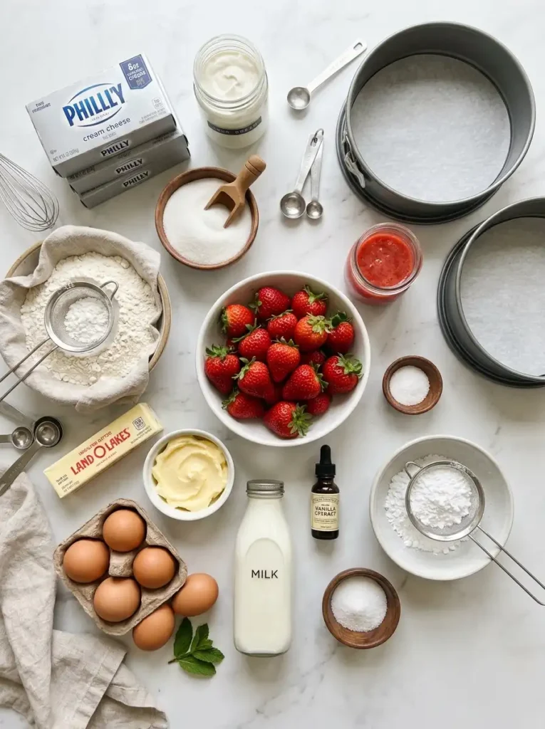 Ingredients for strawberry cake and cheesecake including cream cheese, strawberries, flour, butter, eggs, sugar, and sour cream
