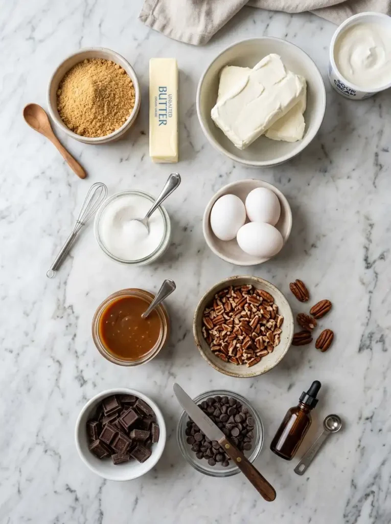 Ingredients for turtle cheesecake including cream cheese, caramel sauce, chocolate, pecans, graham crackers, sugar, butter, and eggs