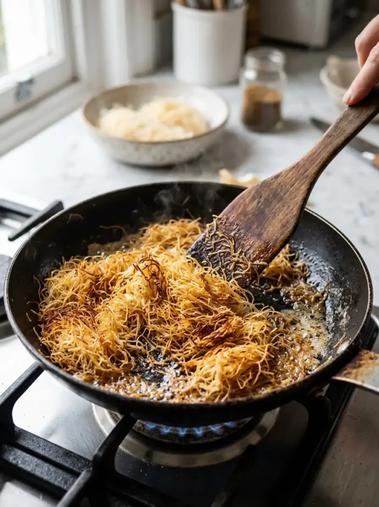 Toasting kataifi pastry in butter until golden and crispy for Dubai chocolate kataifi recipe