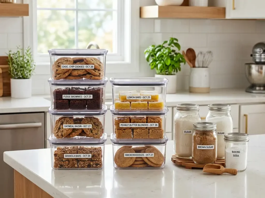 Airtight containers storing cookies, brownies, and bars with date labels for freshness