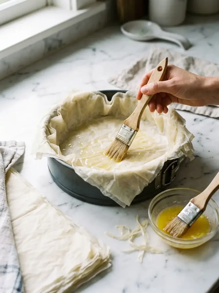 Phyllo dough sheets layered in a springform pan for baklava cheesecake crust
