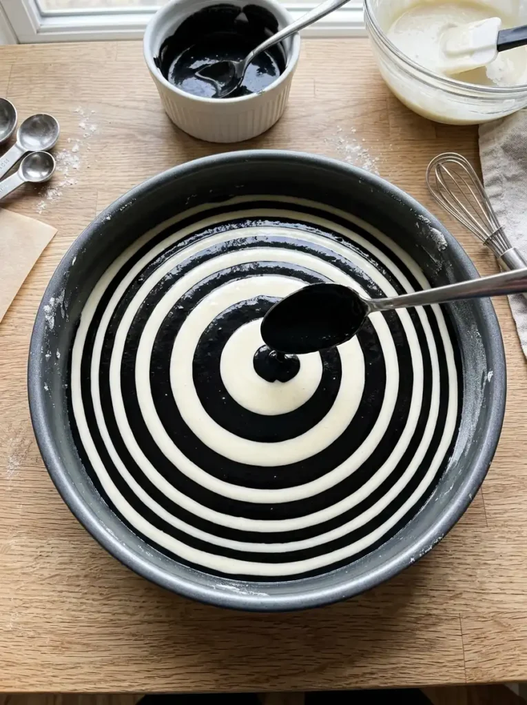 Step-by-step layering of zebra cake batter in a round pan to create stripes