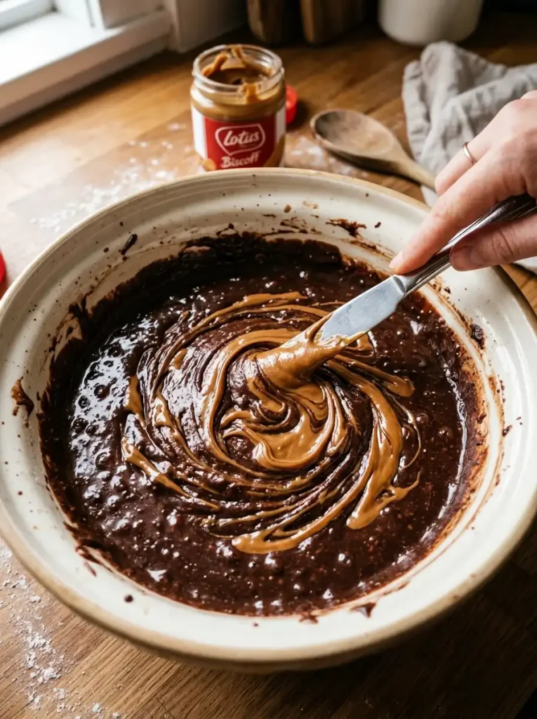 swirling biscoff cookie butter into brownie batter close up