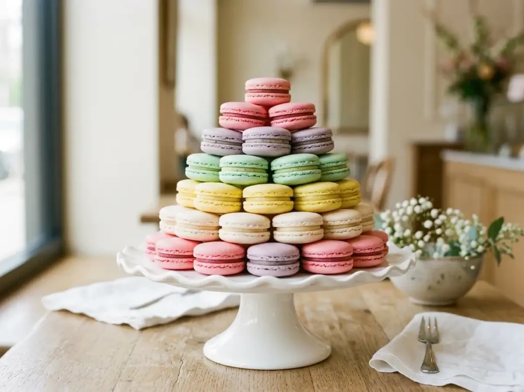 Colorful French macarons in pastel shades stacked on a white cake stand