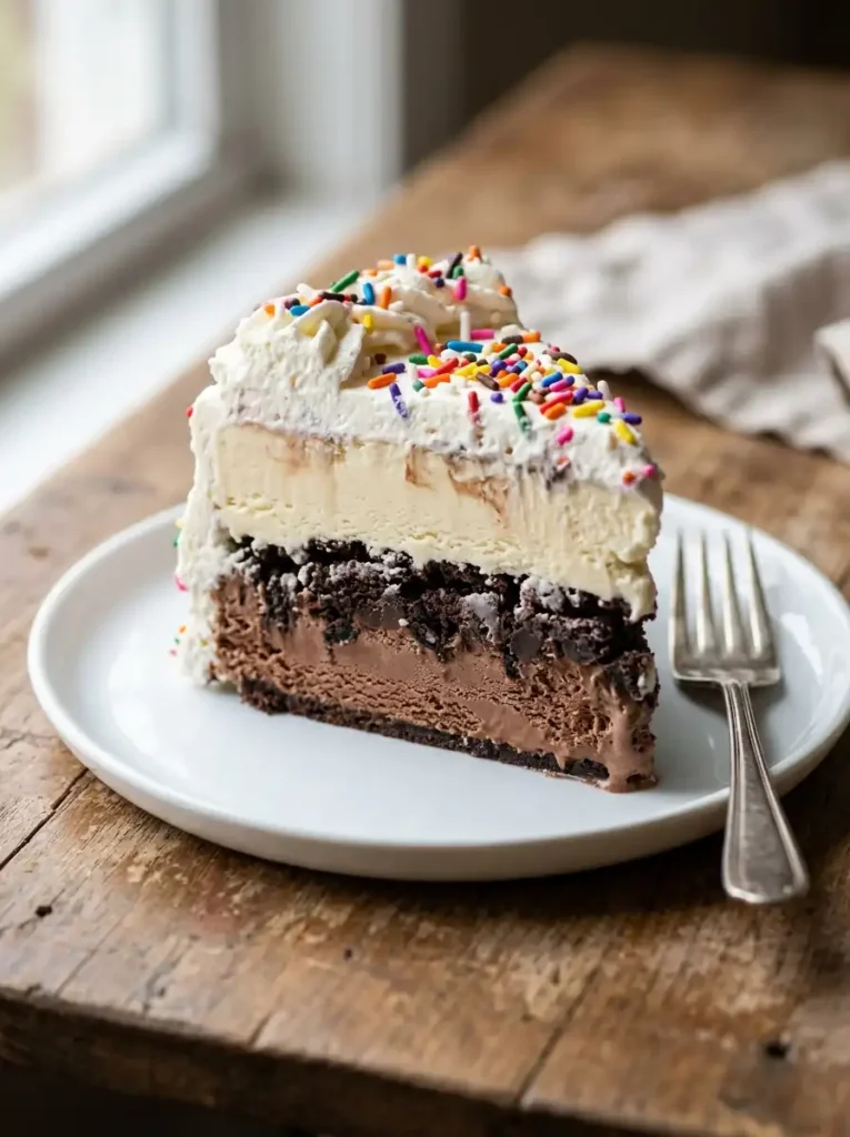 Slice of copycat Carvel ice cream cake showing chocolate vanilla layers and crunchies