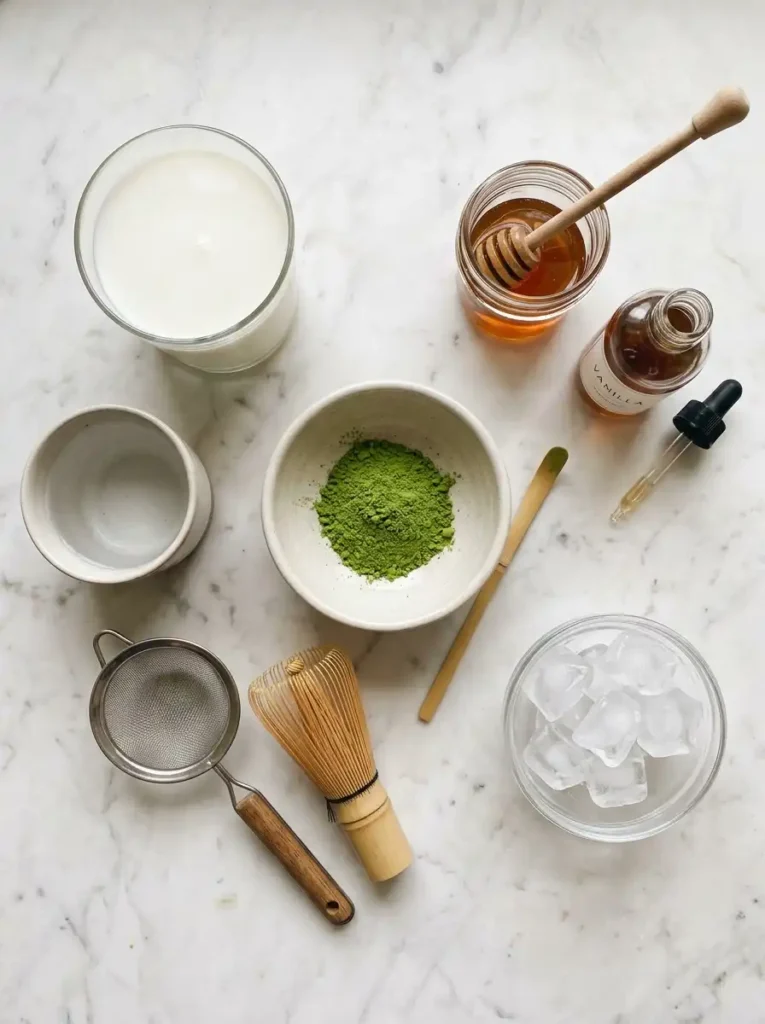 Matcha latte ingredients with matcha powder milk warm water and sweetener