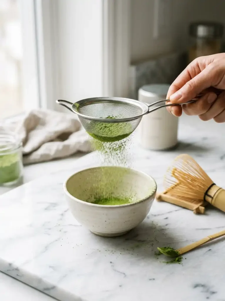 Sifting matcha powder to make a smooth matcha latte without clumps