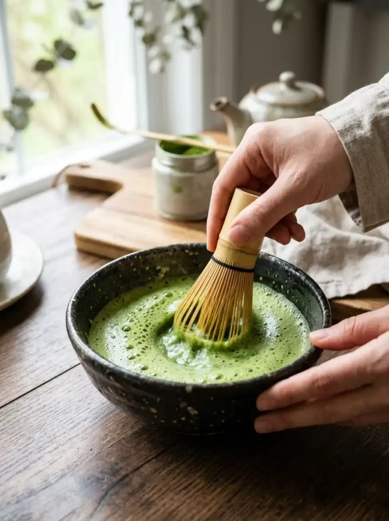 Whisking matcha with warm water for a smooth matcha latte
