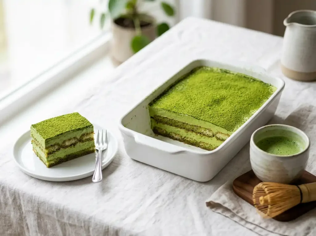 Matcha tiramisu layers in a white dish with green cream and matcha powder dusting