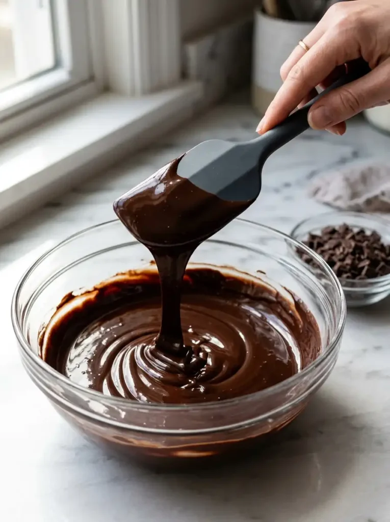 Glossy melted dark chocolate being prepared for the Dubai chocolate kataifi bar shell