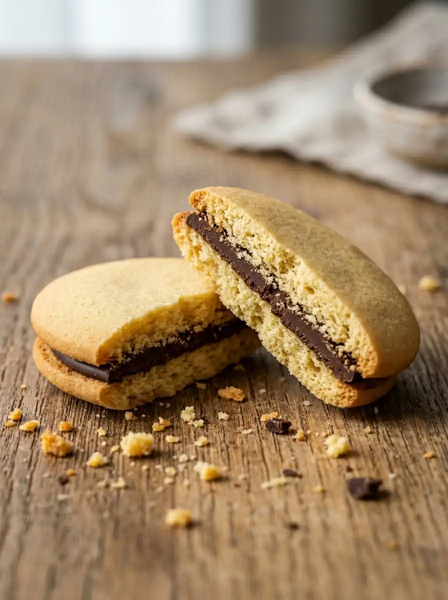 Macro shot of a broken milano cookie showing the crisp texture and chocolate center