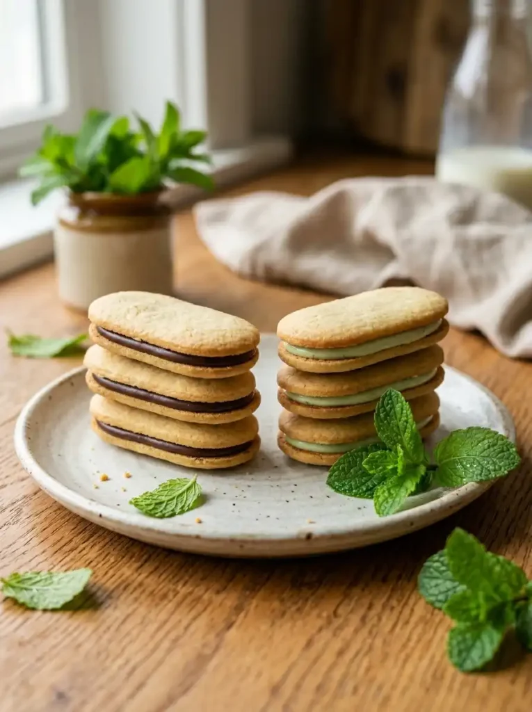 Classic dark chocolate and mint milano cookies side by side