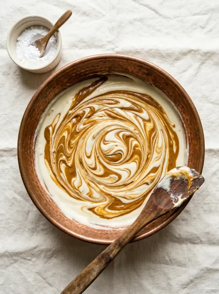 Marbled biscoff cheesecake filling being folded in a copper bowl showing caramel swirls in cream cheese mixture