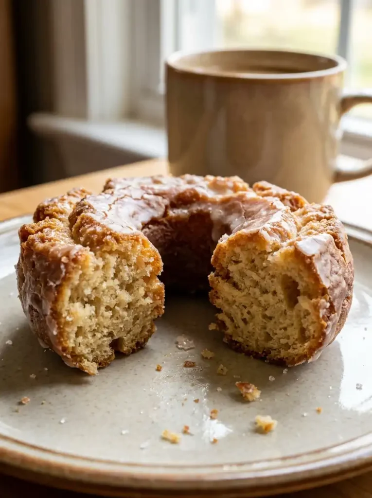 Inside texture of an old fashioned donut showing tender cake crumb and crisp glazed edges