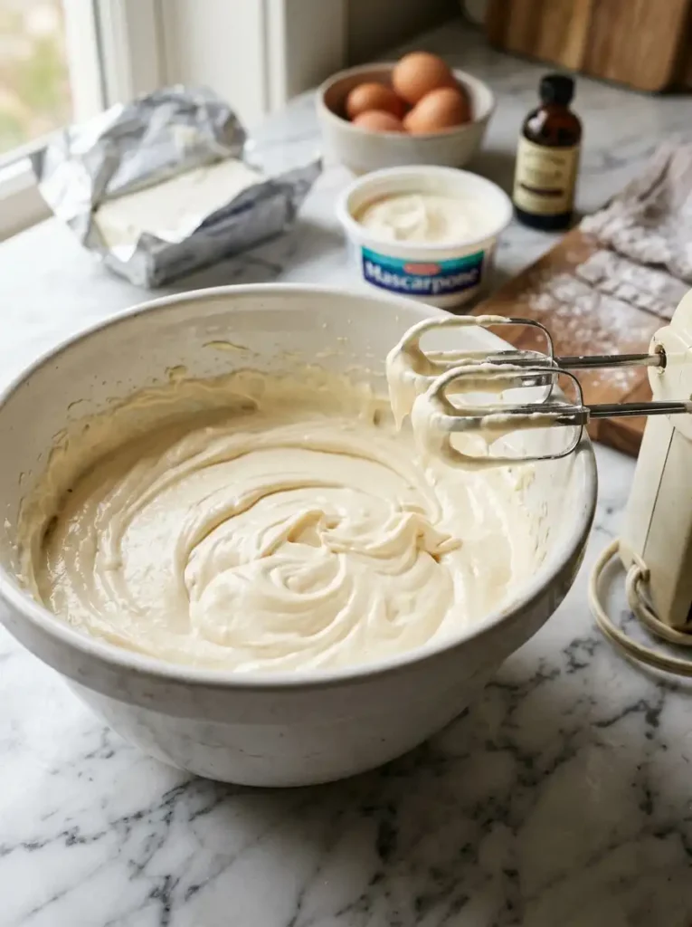 Creamy mascarpone cheesecake filling being mixed for tiramisu cheesecake