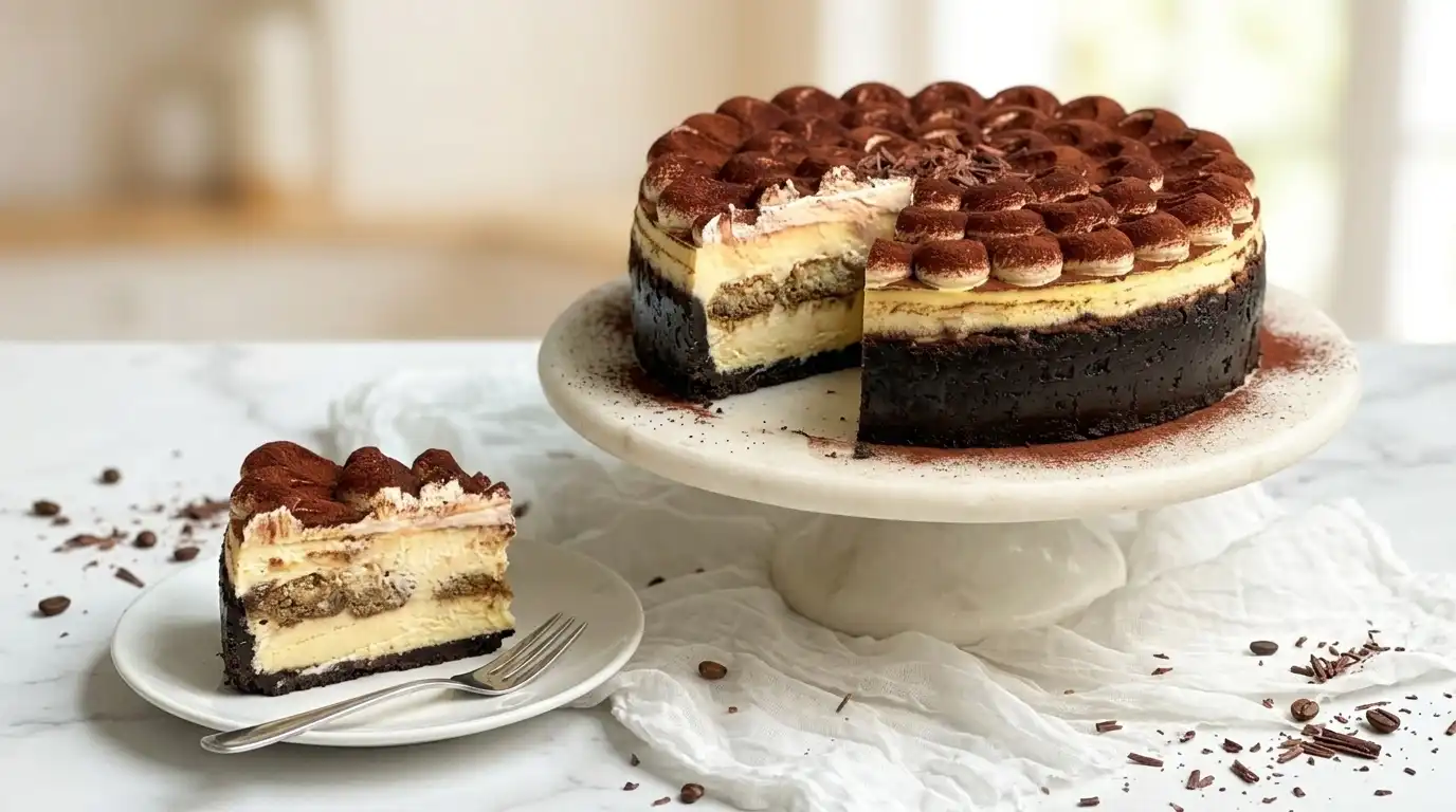 Tiramisu cheesecake recipe with mascarpone topping, cocoa powder, and a sliced piece showing the espresso ladyfinger layer