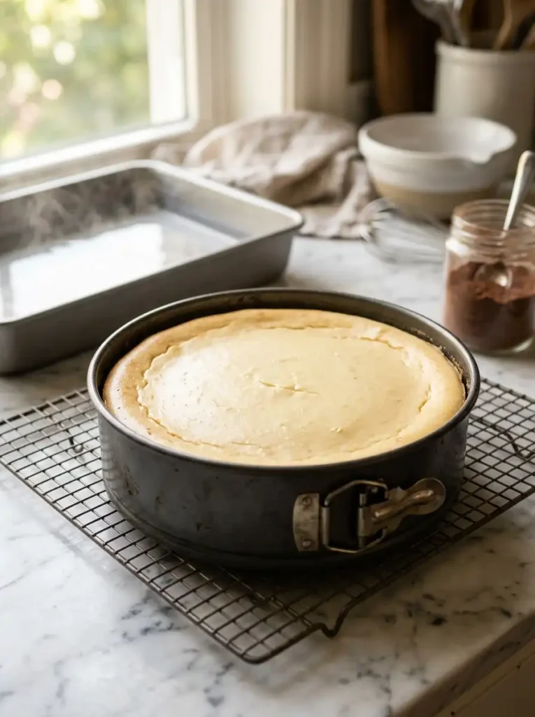 Baked tiramisu cheesecake cooling in a springform pan before adding mascarpone topping