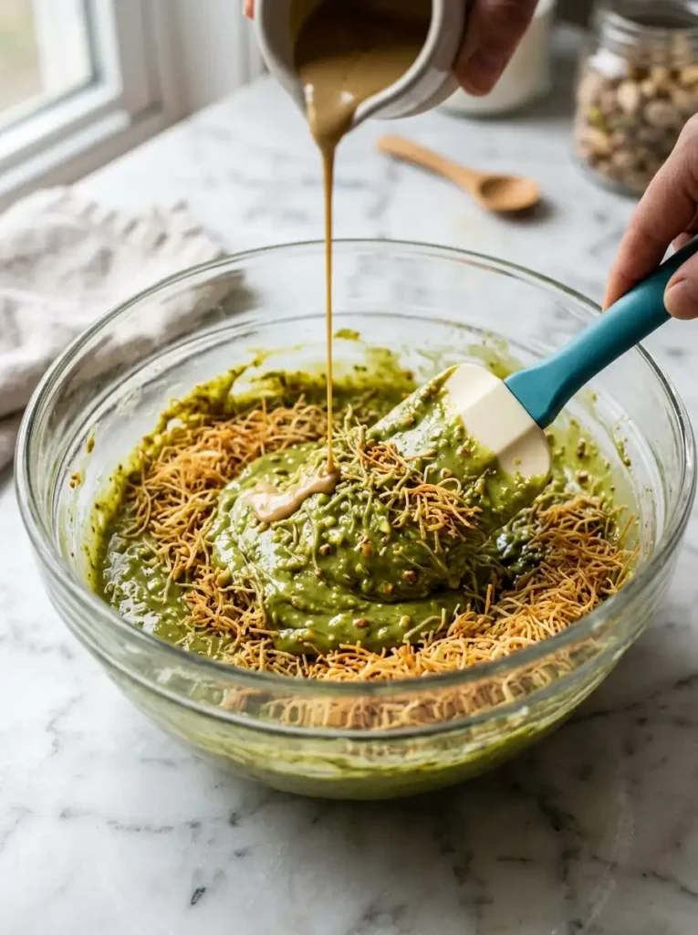 Mixing creamy green pistachio cream with toasted crispy kataifi for the viral Dubai chocolate bar filling