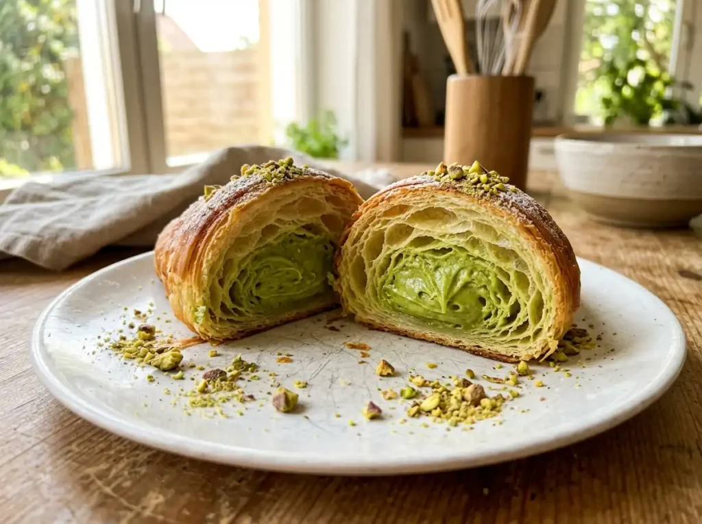 Homemade pistachio croissant sliced showing green swirl filling on a white plate