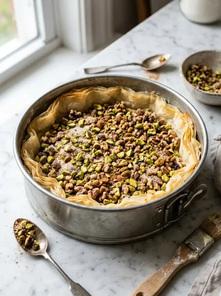 Pistachio and walnut mixture spread over phyllo layers for baklava cheesecake