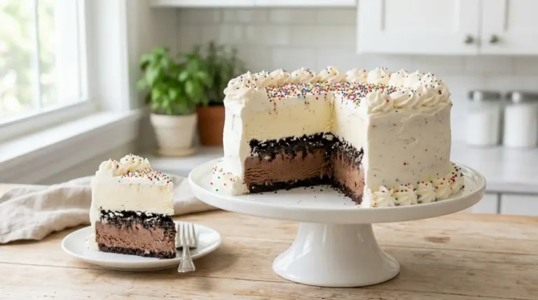 Copycat Carvel ice cream cake with homemade chocolate crunchies and whipped frosting