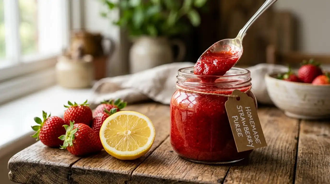 Real homemade strawberry puree in a glass jar with fresh strawberries