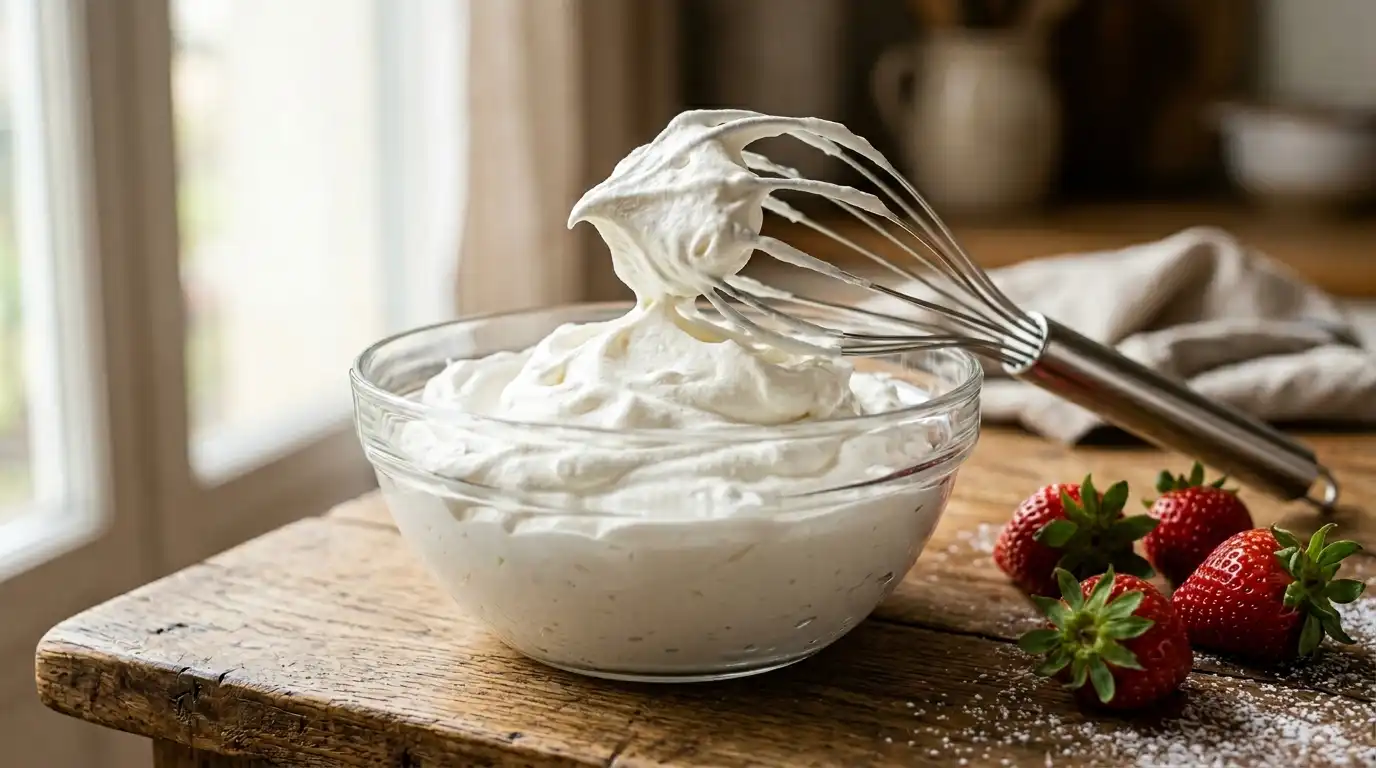 The Ultimate Crema Chantilly Recipe with fluffy vanilla whipped cream in a glass bowl.