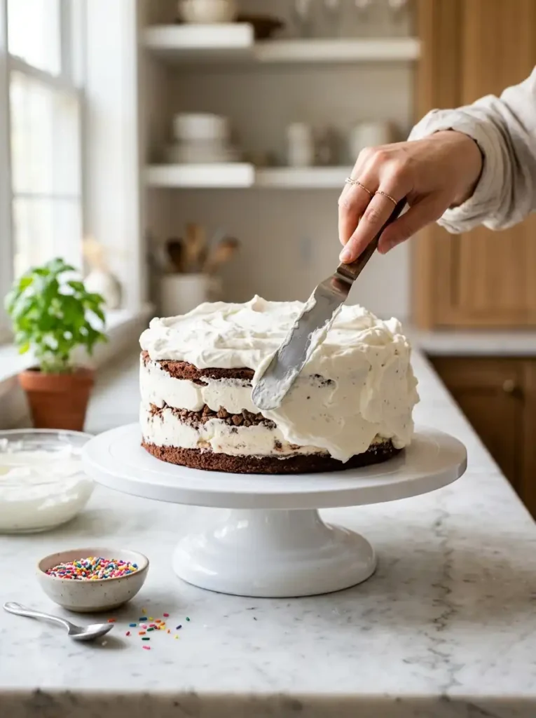 Frosting a copycat Carvel ice cream cake with whipped cream and sprinkles