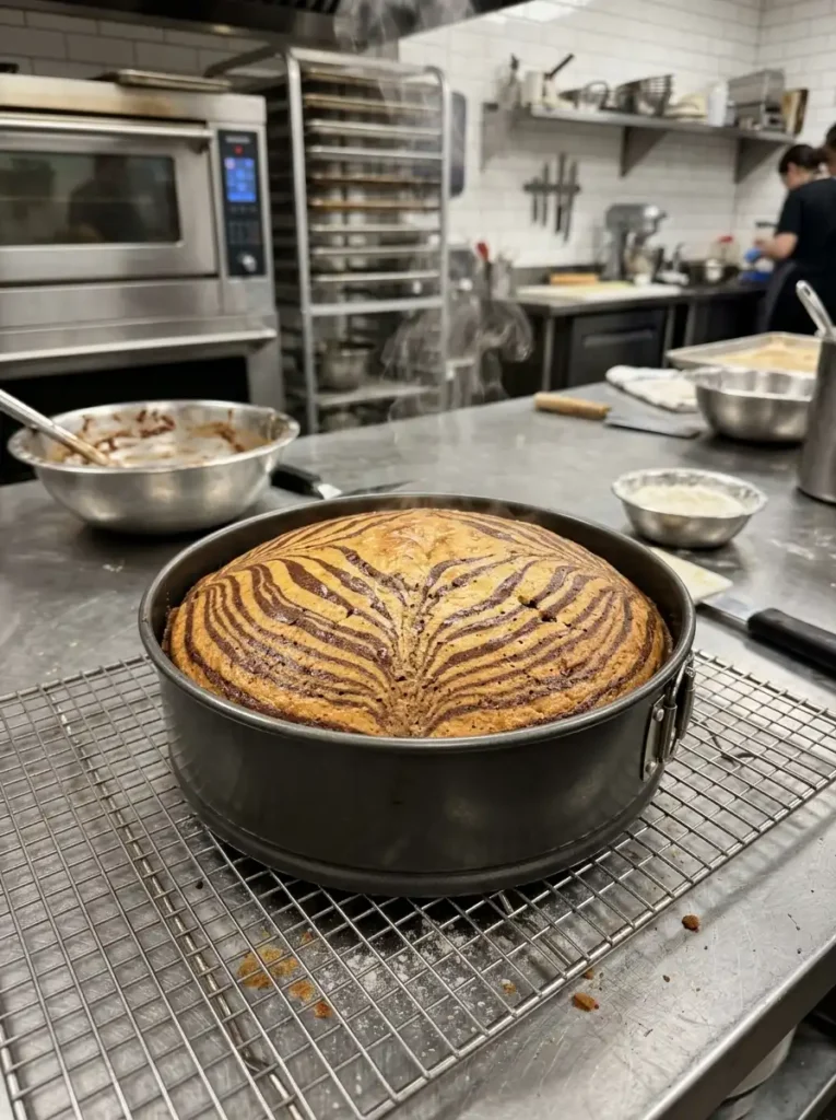 A freshly baked golden brown zebra cake cooling on a rack