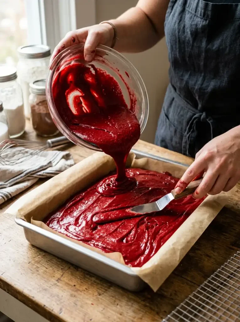 Red velvet brownie batter in baking pan