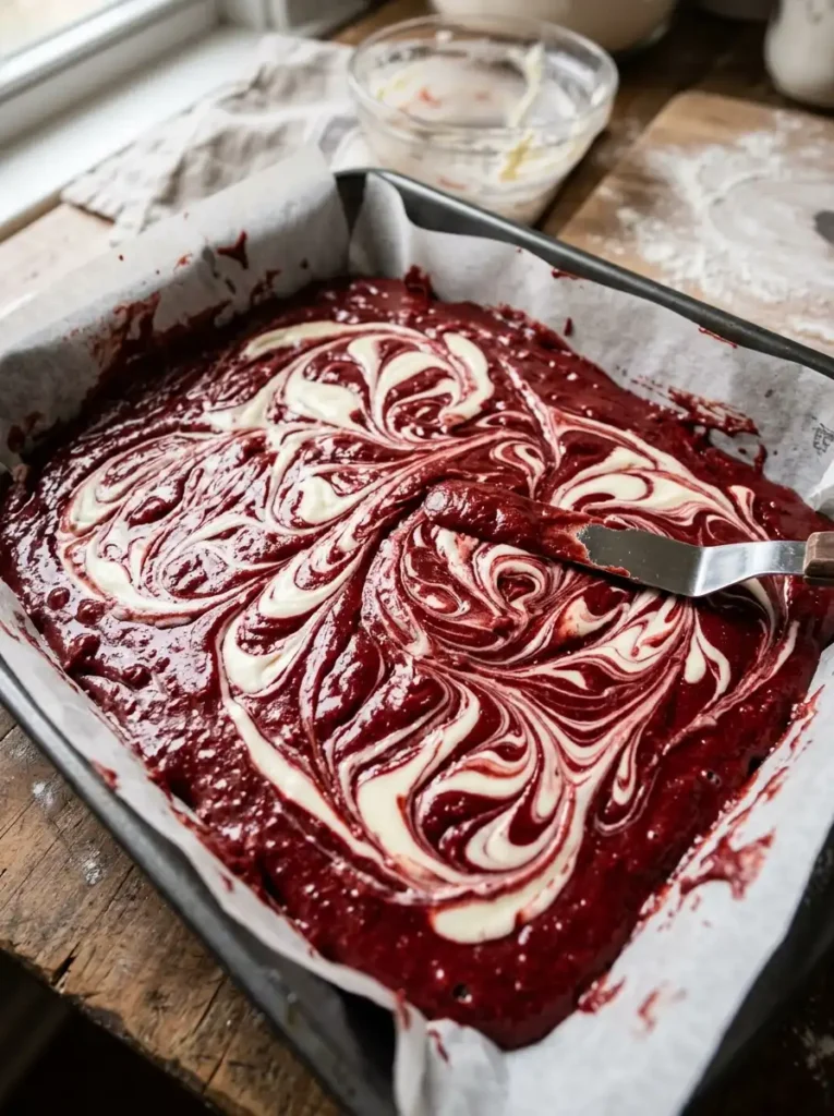 Red velvet cheesecake brownies with swirl before baking