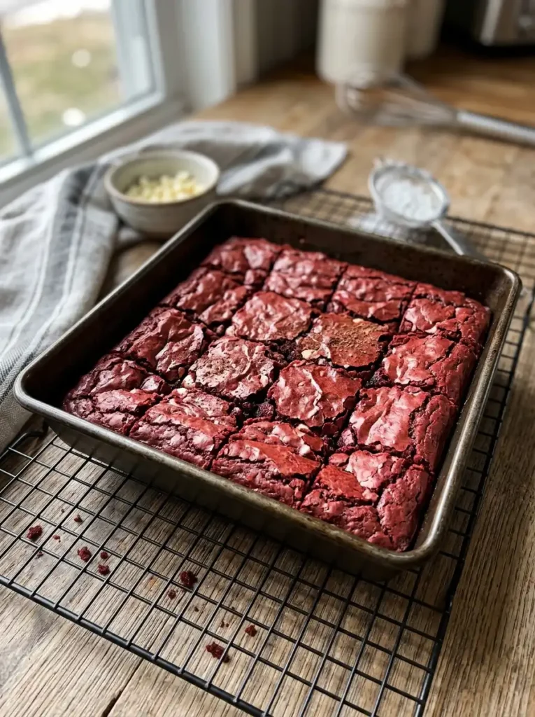 Baked red velvet brownies cooling in pan