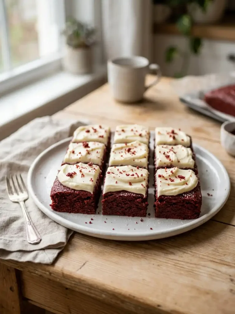Easy red velvet brownies made with cake mix