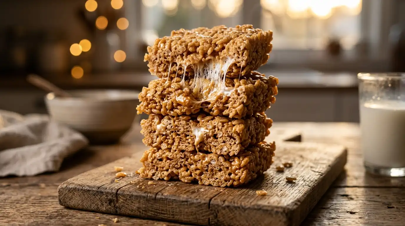 Stacked gooey brown butter rice krispie treats