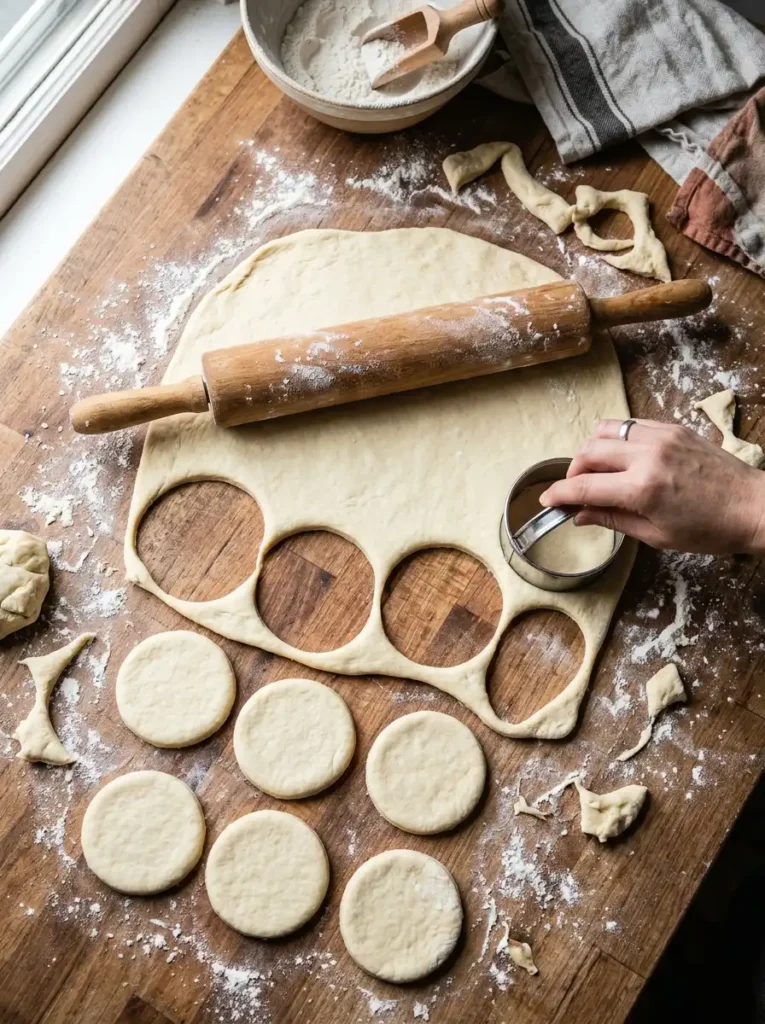 Rolling out Chinese donut dough and cutting 3-inch circles with a biscuit cutter