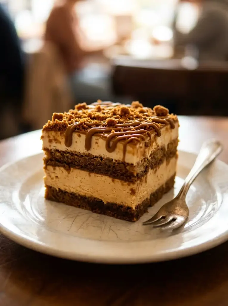 Side view slice of biscoff tiramisu showing distinct layers of mascarpone cream and coffee-soaked Lotus cookies