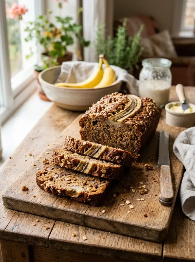 sourdough discard banana bread sliced on wooden board