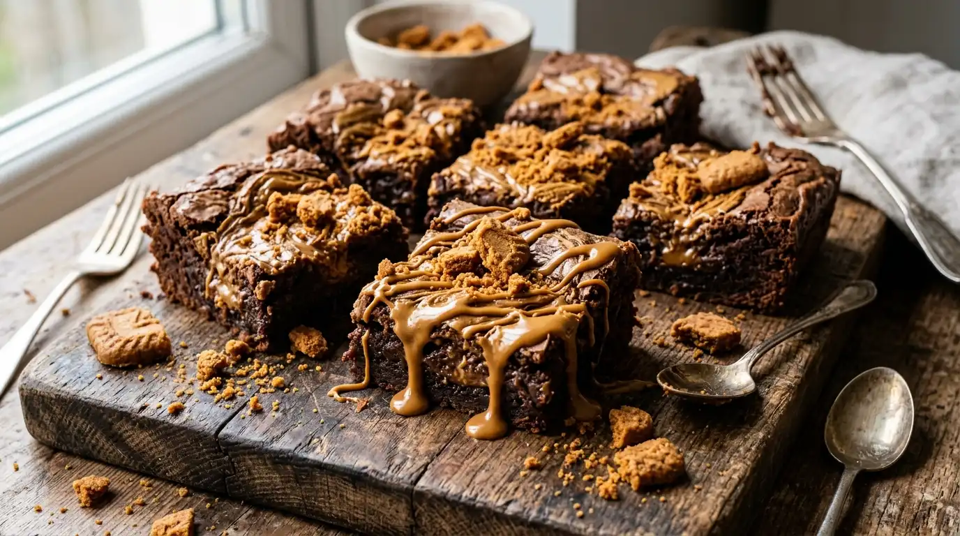 fudgy biscoff brownies with lotus cookie butter swirl and crushed biscoff cookies