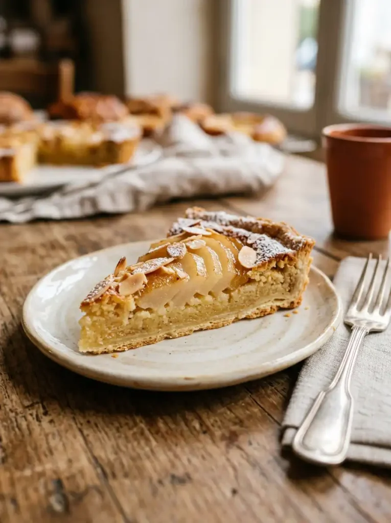 Slice of frangipane tart showing soft almond cream filling
