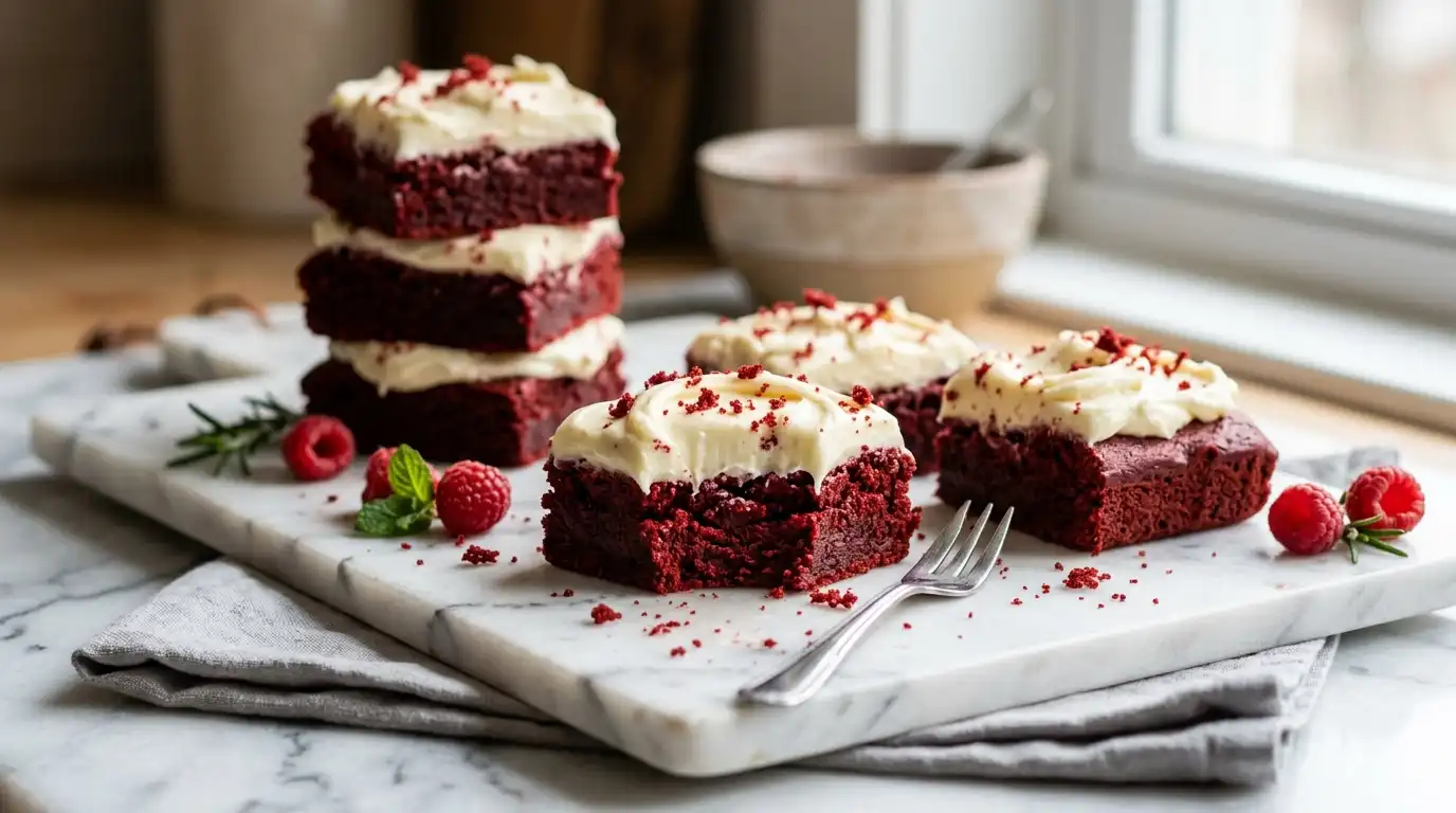 Red velvet brownies with cream cheese frosting sliced on marble