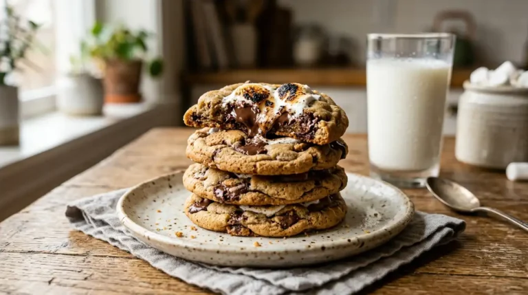 The ultimate smores cookies stacked on a plate next to a glass of milk