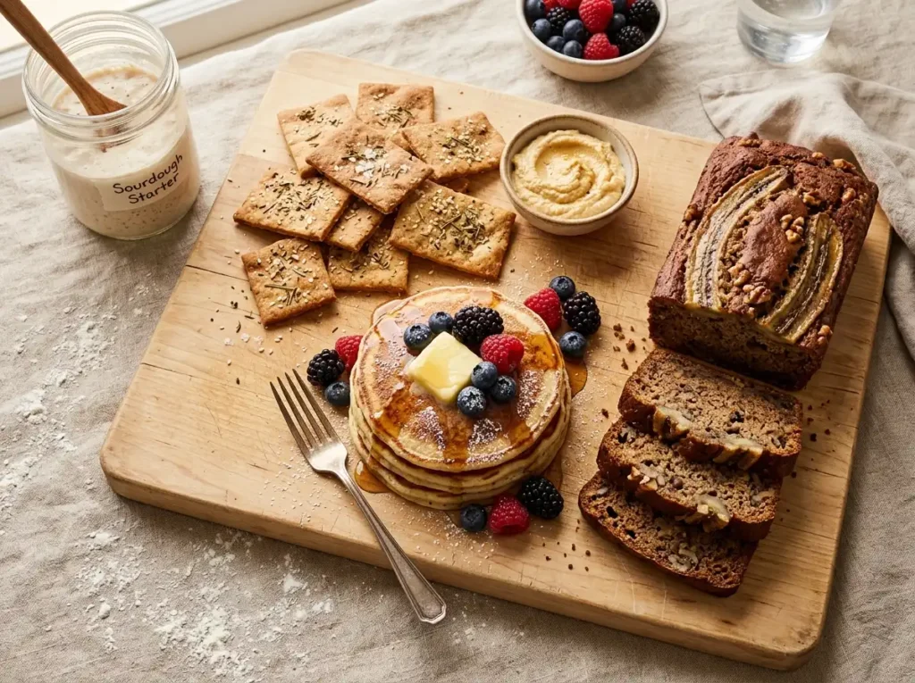 Flat lay of sourdough discard recipes including crispy crackers, fluffy pancakes, and banana bread