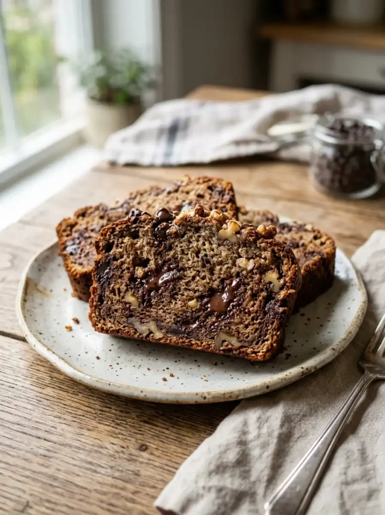 sourdough chocolate chip banana bread with nuts