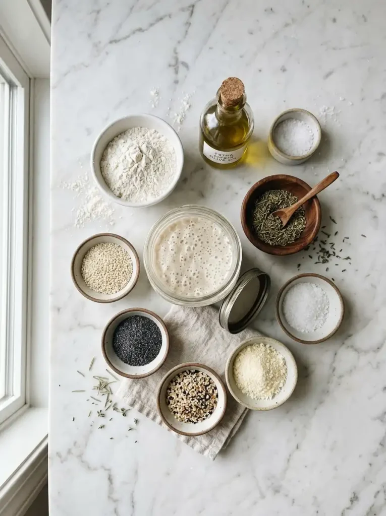 Sourdough discard crackers ingredients flat lay with flour, olive oil, salt, herbs, and starter